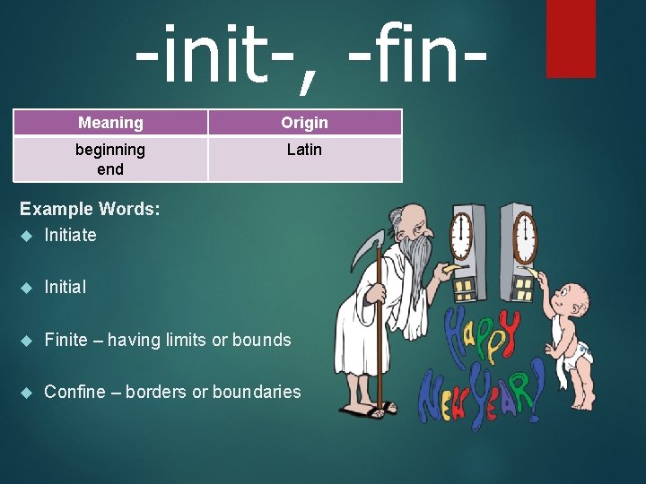 -init-, -fin. Meaning Origin beginning end Latin Example Words: Initiate Initial Finite – having