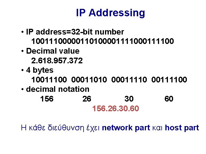 IP Addressing • IP address=32 -bit number 1001110000011010000111100 • Decimal value 2. 618. 957. IP Addressing • IP address=32 -bit number 1001110000011010000111100 • Decimal value 2. 618. 957.