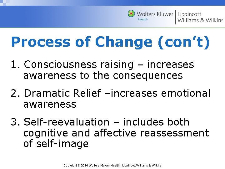 Process of Change (con’t) 1. Consciousness raising – increases awareness to the consequences 2.