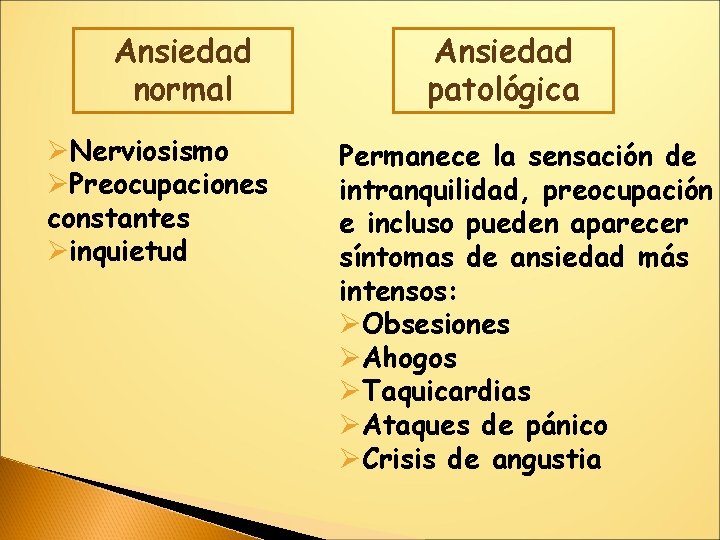Ansiedad normal ØNerviosismo ØPreocupaciones constantes Øinquietud Ansiedad patológica Permanece la sensación de intranquilidad, preocupación