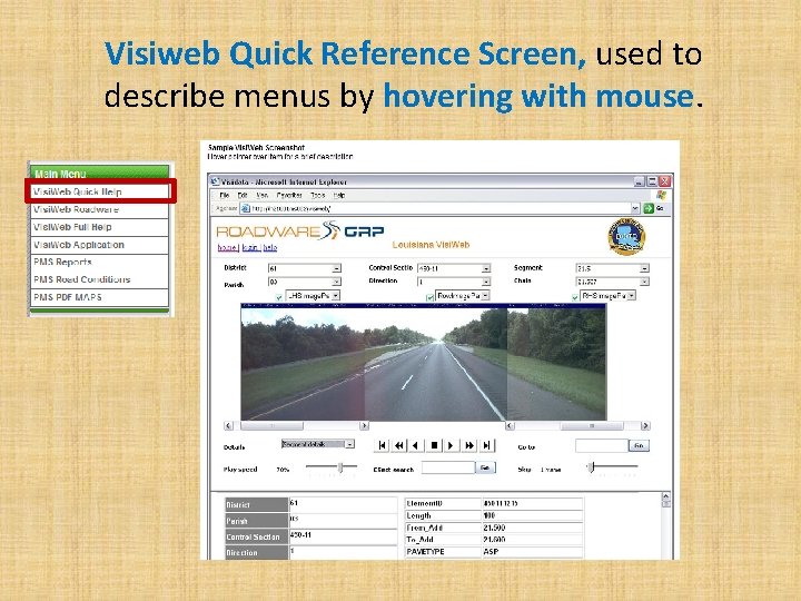 Visiweb Quick Reference Screen, used to describe menus by hovering with mouse. 