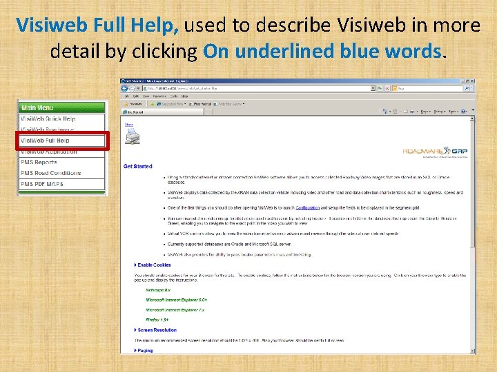 Visiweb Full Help, used to describe Visiweb in more detail by clicking On underlined