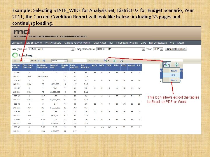 Example: Selecting STATE_WIDE for Analysis Set, District 02 for Budget Scenario, Year 2011, the