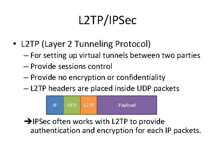 L 2 TP/IPSec • L 2 TP (Layer 2 Tunneling Protocol) – For setting L 2 TP/IPSec • L 2 TP (Layer 2 Tunneling Protocol) – For setting