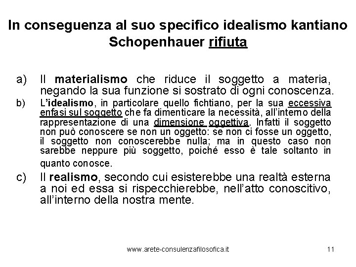 In conseguenza al suo specifico idealismo kantiano Schopenhauer rifiuta a) Il materialismo che riduce