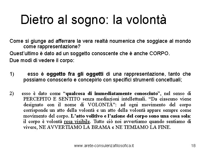 Dietro al sogno: la volontà Come si giunge ad afferrare la vera realtà noumenica