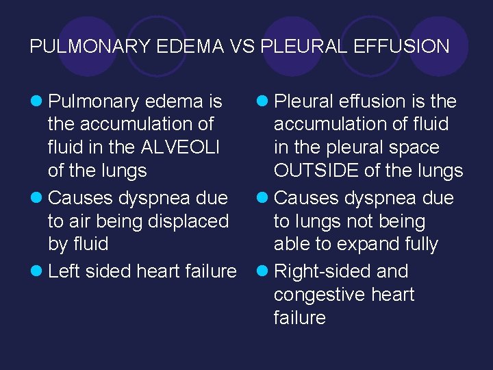 PULMONARY EDEMA VS PLEURAL EFFUSION l Pulmonary edema is l Pleural effusion is the