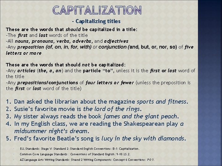 - Capitalizing titles These are the words that should be capitalized in a title: