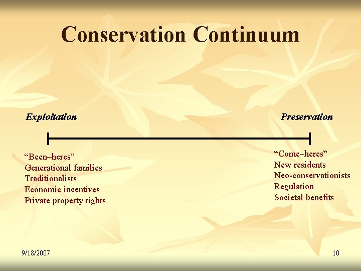 Conservation Continuum Exploitation “Been–heres” Generational families Traditionalists Economic incentives Private property rights 9/18/2007 Preservation