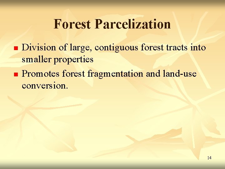 Forest Parcelization n n Division of large, contiguous forest tracts into smaller properties Promotes