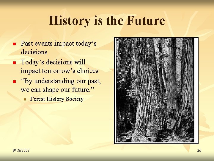 History is the Future n n n Past events impact today’s decisions Today’s decisions