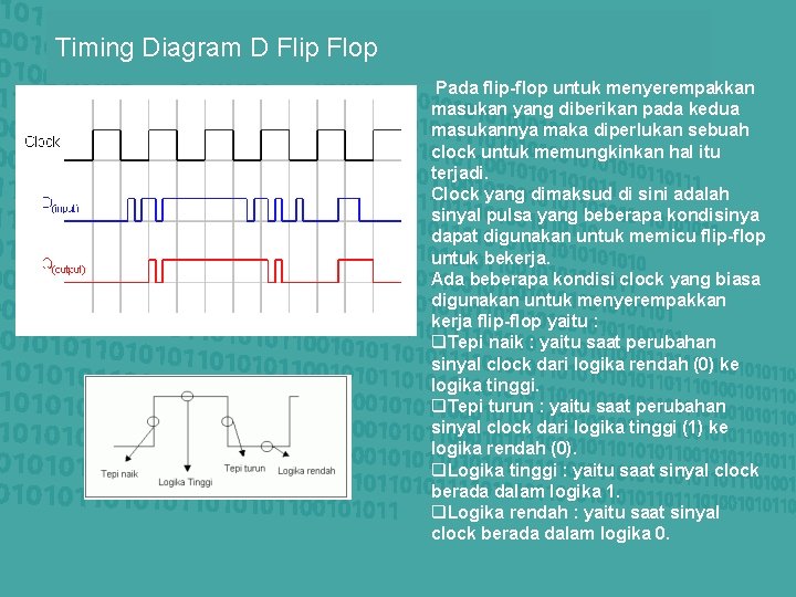 Timing Diagram D Flip Flop Pada flip-flop untuk menyerempakkan masukan yang diberikan pada kedua