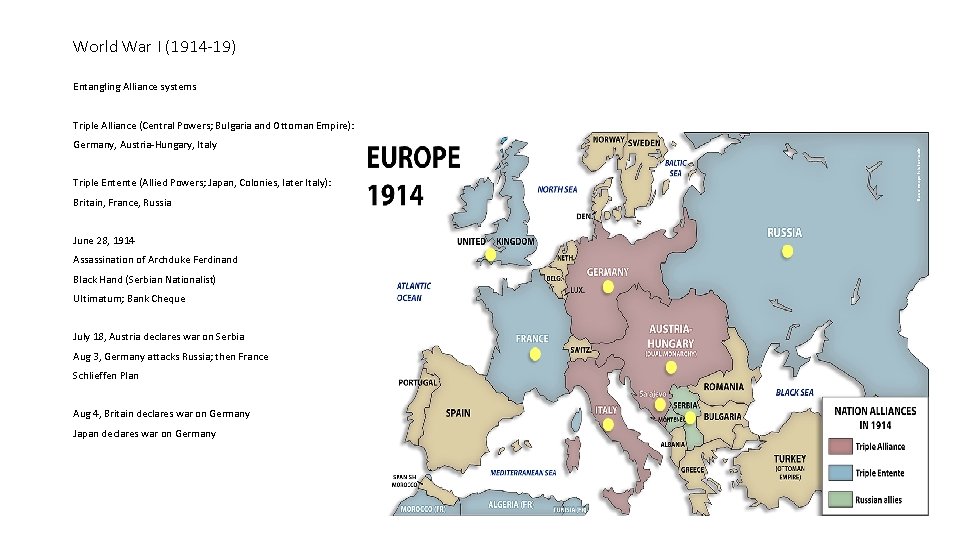 World War I (1914 -19) Entangling Alliance systems Triple Alliance (Central Powers; Bulgaria and