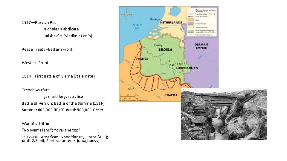 1917—Russian Rev Nicholas II abdicate Bolsheviks (Vladimir Lenin) Peace Treaty--Eastern Front Western Front: 1914—First