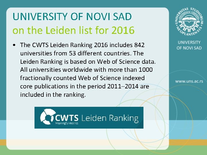 UNIVERSITY OF NOVI SAD on the Leiden list for 2016 • The CWTS Leiden