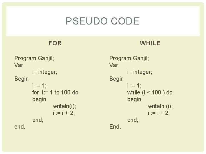 PSEUDO CODE FOR Program Ganjil; Var i : integer; Begin i : = 1;