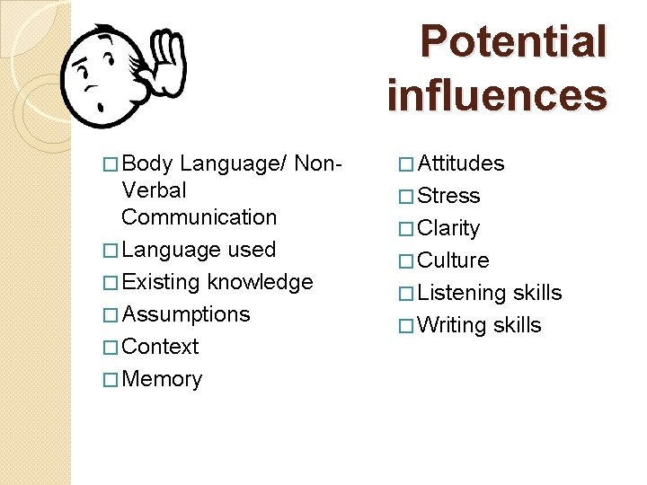 Potential influences � Body Language/ Non. Verbal Communication � Language used � Existing knowledge