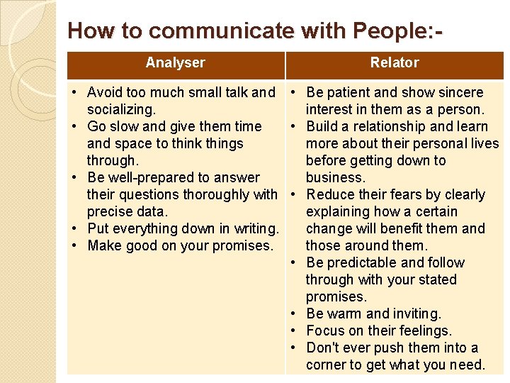 How to communicate with People: Analyser Relator • Avoid too much small talk and