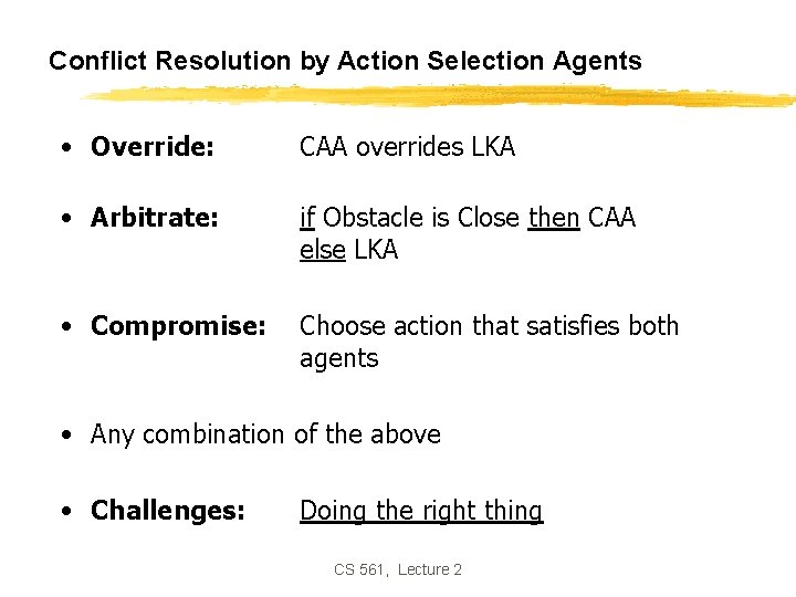 Conflict Resolution by Action Selection Agents • Override: CAA overrides LKA • Arbitrate: if