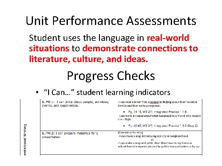 Unit Performance Assessments Student uses the language in real-world situations to demonstrate connections to