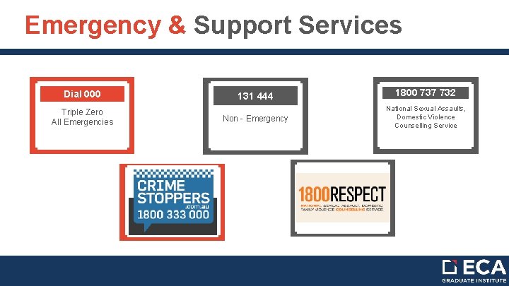 Emergency & Support Services Dial 000 131 444 1800 737 732 Triple Zero All