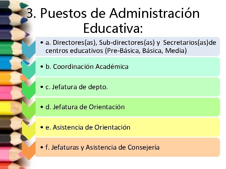 3. Puestos de Administración Educativa: • a. Directores(as), Sub-directores(as) y Secretarios(as)de centros educativos (Pre-Básica,