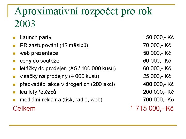 Aproximativní rozpočet pro rok 2003 n n n n n Launch party PR zastupování