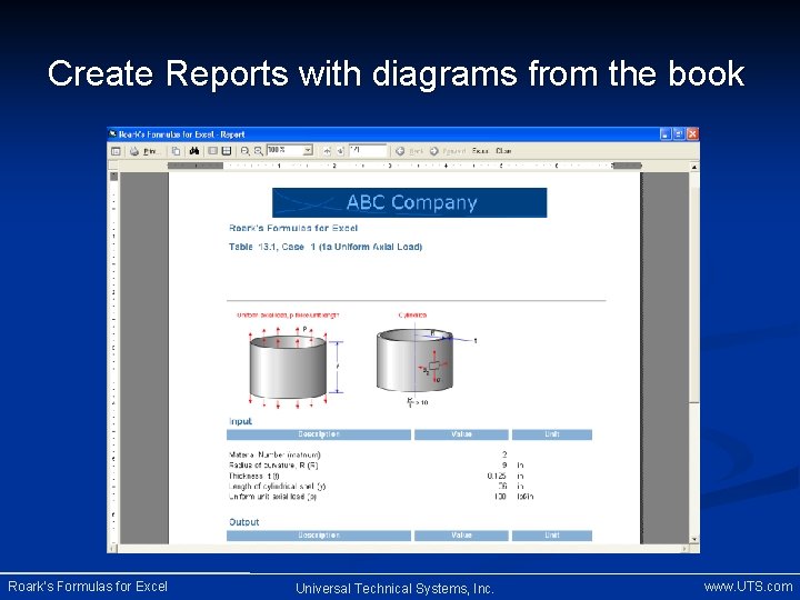 Create Reports with diagrams from the book Roark’s Formulas for Excel Universal Technical Systems,