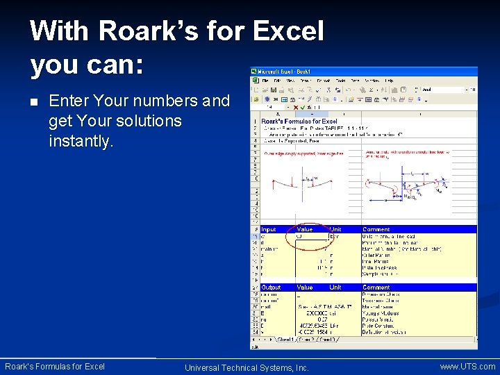 With Roark’s for Excel you can: n Enter Your numbers and get Your solutions