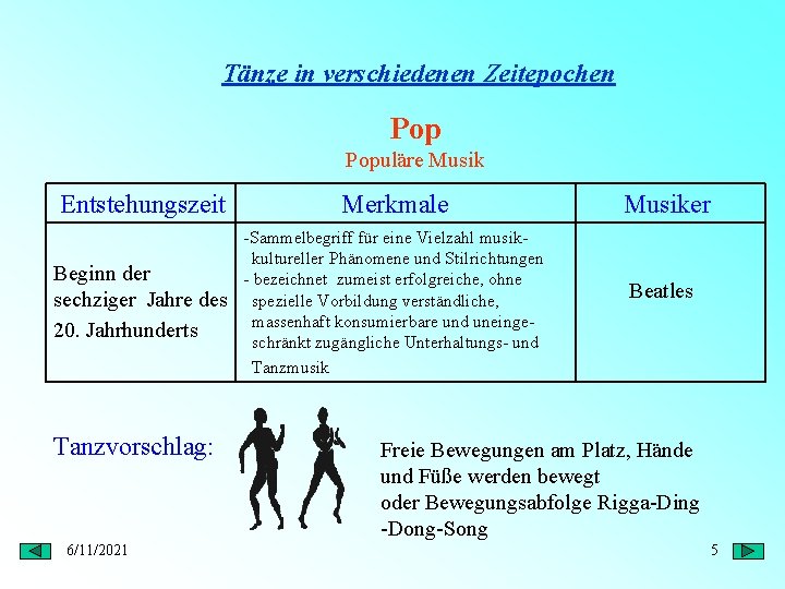 Tänze in verschiedenen Zeitepochen Populäre Musik Entstehungszeit Merkmale Beginn der sechziger Jahre des 20.