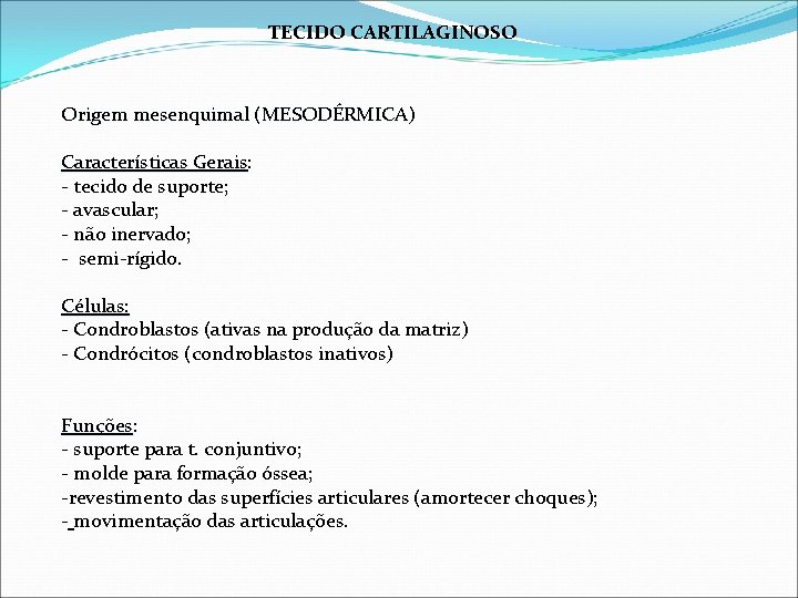 TECIDO CARTILAGINOSO Origem mesenquimal (MESODÉRMICA) Características Gerais: - tecido de suporte; - avascular; -