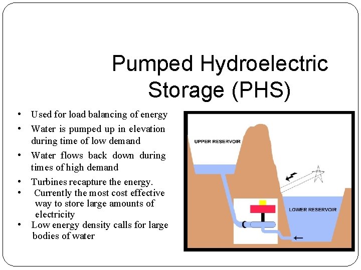 Pumped Hydroelectric Storage (PHS) • Used for load balancing of energy • Water is