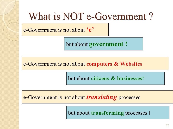 What is NOT e-Government ? e-Government is not about ‘e’ but about government !