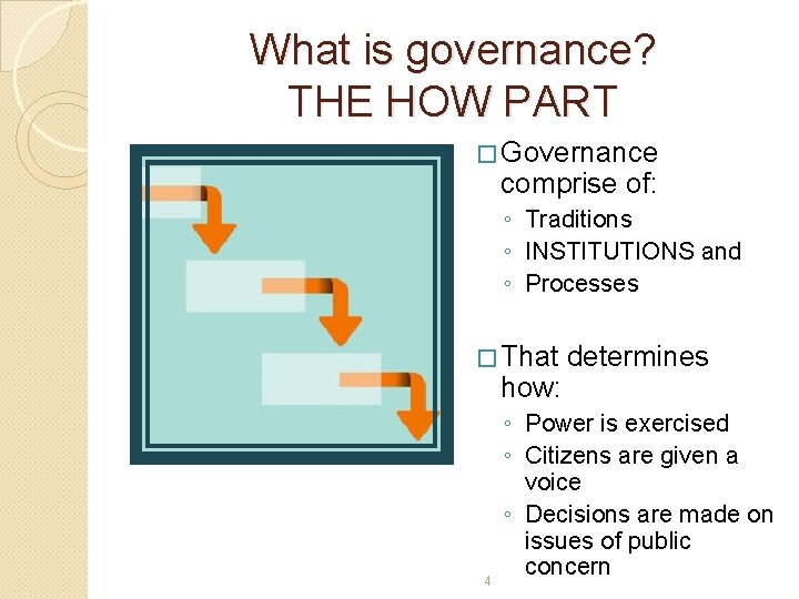 What is governance? THE HOW PART � Governance comprise of: ◦ Traditions ◦ INSTITUTIONS