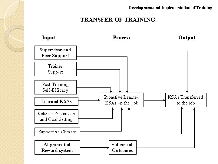 Development and Implementation of Training TRANSFER OF TRAINING Input Process Output Supervisor and Peer