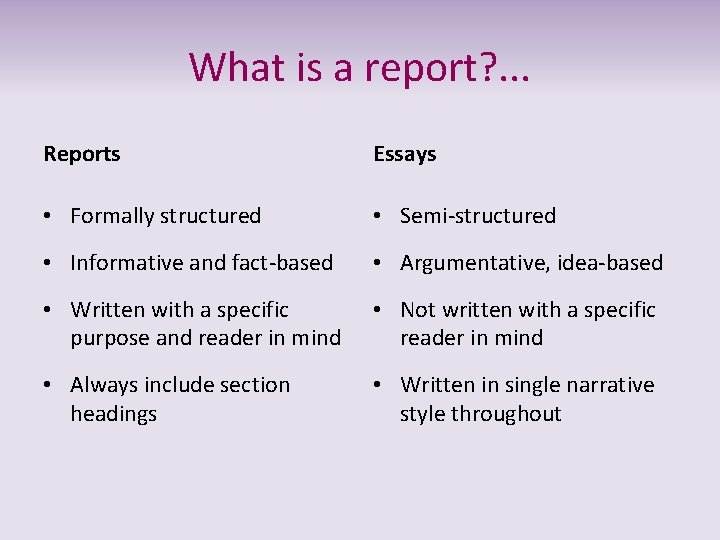 What is a report? . . . Reports Essays • Formally structured • Semi-structured