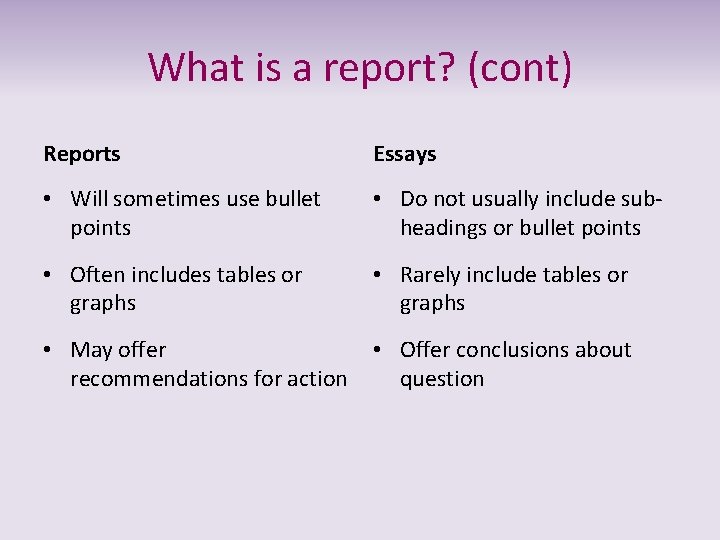 What is a report? (cont) Reports Essays • Will sometimes use bullet points •