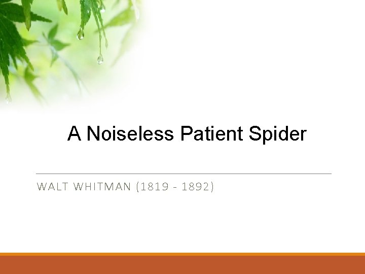 A Noiseless Patient Spider WALT WHITMAN (1819 - 1892) 