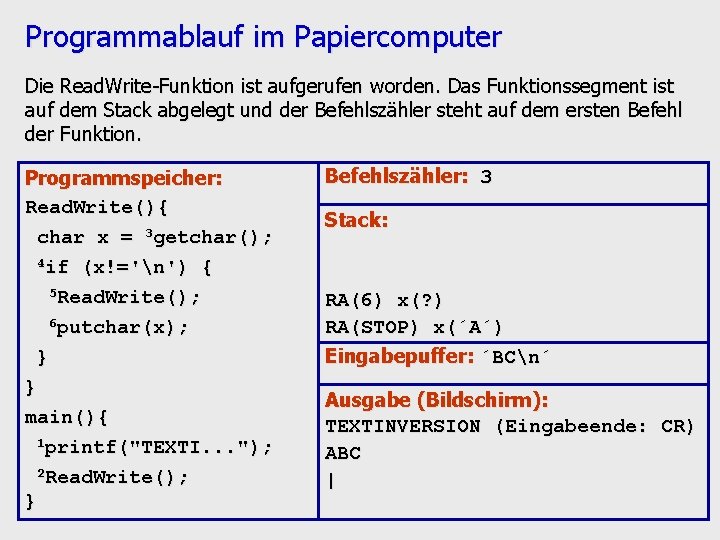 Programmablauf im Papiercomputer Die Read. Write-Funktion ist aufgerufen worden. Das Funktionssegment ist auf dem