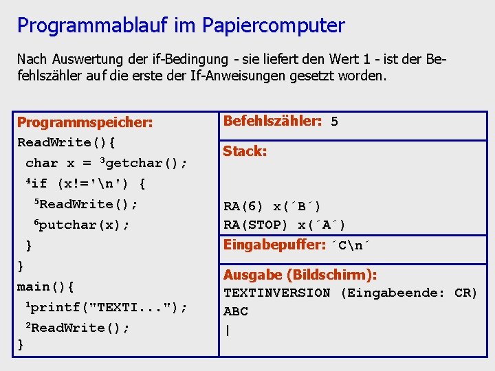 Programmablauf im Papiercomputer Nach Auswertung der if-Bedingung - sie liefert den Wert 1 -