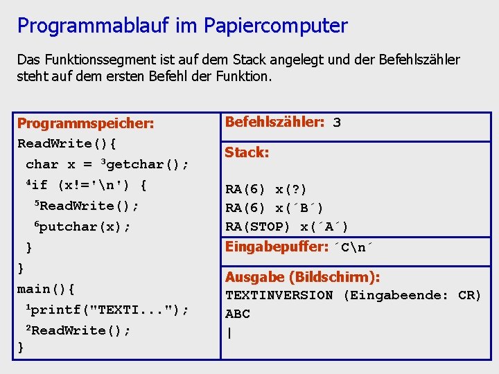 Programmablauf im Papiercomputer Das Funktionssegment ist auf dem Stack angelegt und der Befehlszähler steht