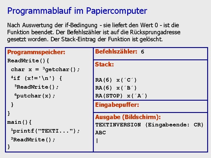 Programmablauf im Papiercomputer Nach Auswertung der if-Bedingung - sie liefert den Wert 0 -