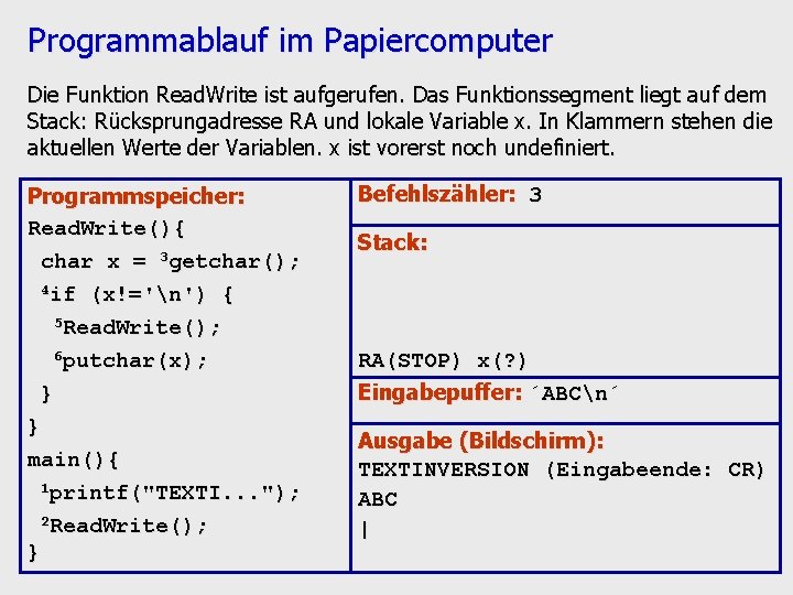 Programmablauf im Papiercomputer Die Funktion Read. Write ist aufgerufen. Das Funktionssegment liegt auf dem