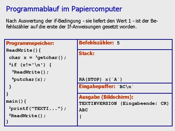Programmablauf im Papiercomputer Nach Auswertung der if-Bedingung - sie liefert den Wert 1 -