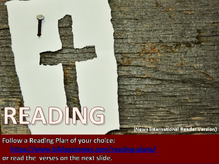 READING (News International Reader Version) Follow a Reading Plan of your choice: https: //www.
