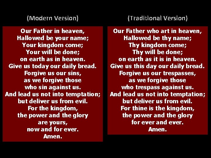 (Modern Version) (Traditional Version) Our Father in heaven, Hallowed be your name; Your kingdom