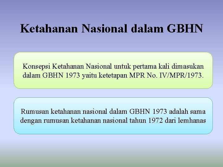 Ketahanan Nasional dalam GBHN Konsepsi Ketahanan Nasional untuk pertama kali dimasukan dalam GBHN 1973