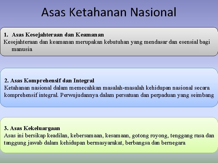 Asas Ketahanan Nasional 1. Asas Kesejahteraan dan Keamanan Kesejahteraan dan keamanan merupakan kebutuhan yang