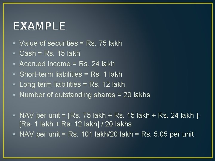 EXAMPLE • • • Value of securities = Rs. 75 lakh Cash = Rs.