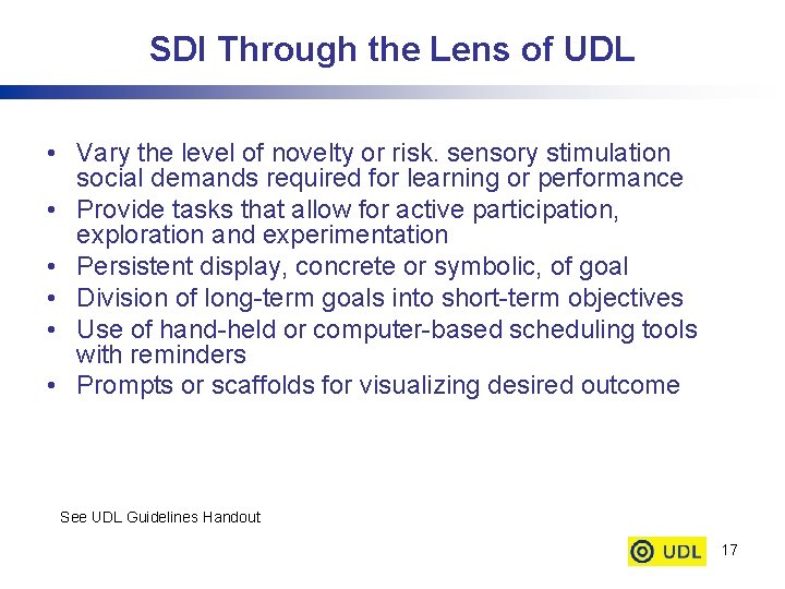 SDI Through the Lens of UDL • Vary the level of novelty or risk. SDI Through the Lens of UDL • Vary the level of novelty or risk.